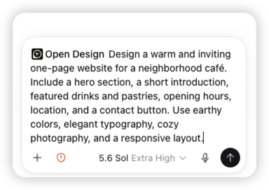 A real Codex prompt asking OpenDesign to create a warm neighborhood cafe website