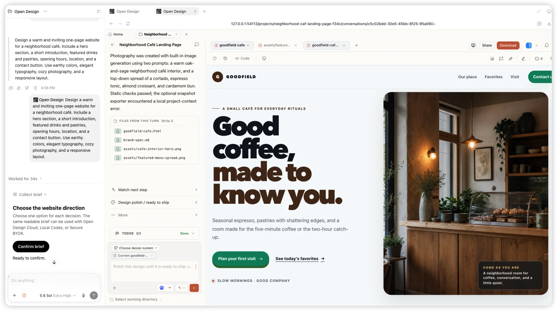 A real Codex task using the OpenDesign plugin alongside the finished Goodfield cafe website