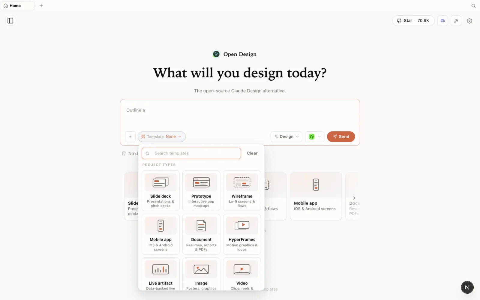 The templates library — prototype, slide, image and video starting points.